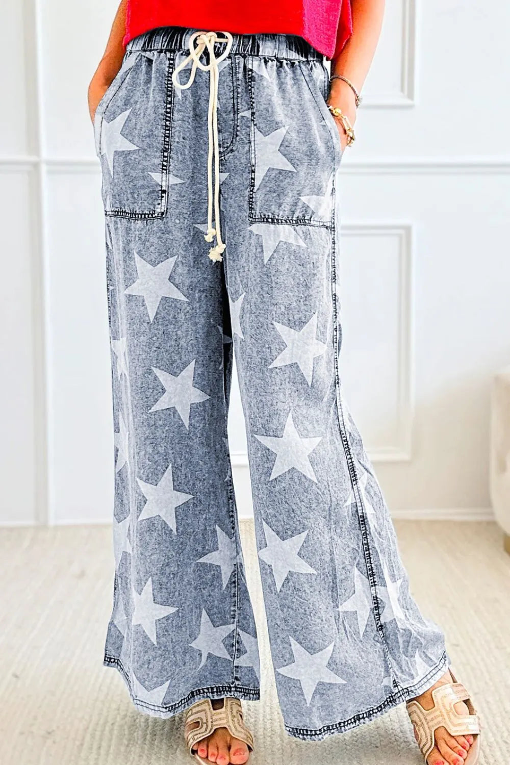 Star Print Washed Drawstring High Waist Wide Leg Jeans 