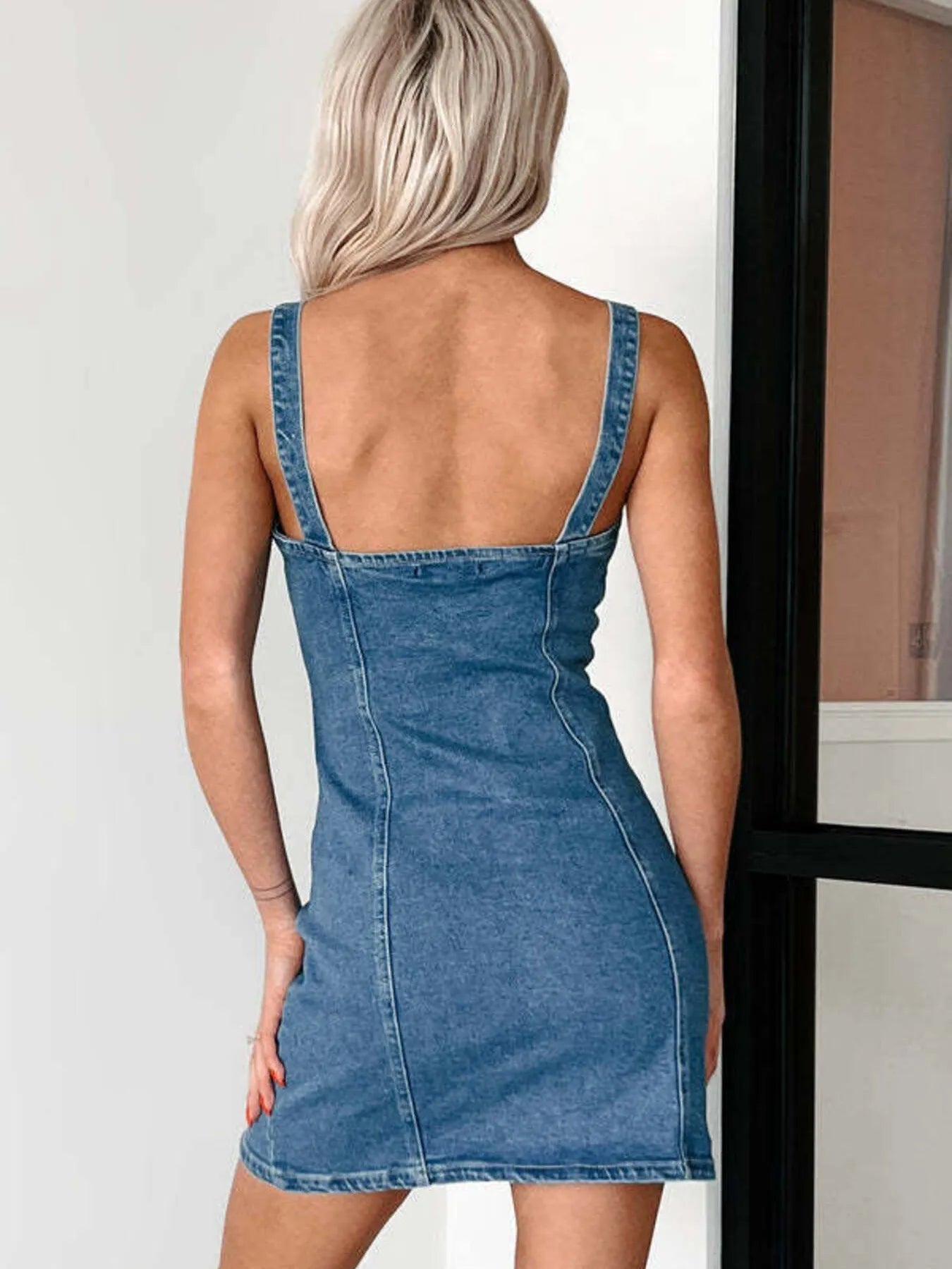 Button Front Sweetheart Neck Denim Mini Dress 