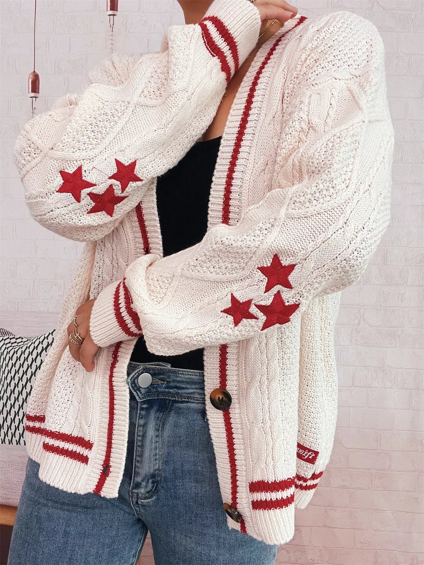 Star Pattern Button-Up Cardigan with Contrast Trim 