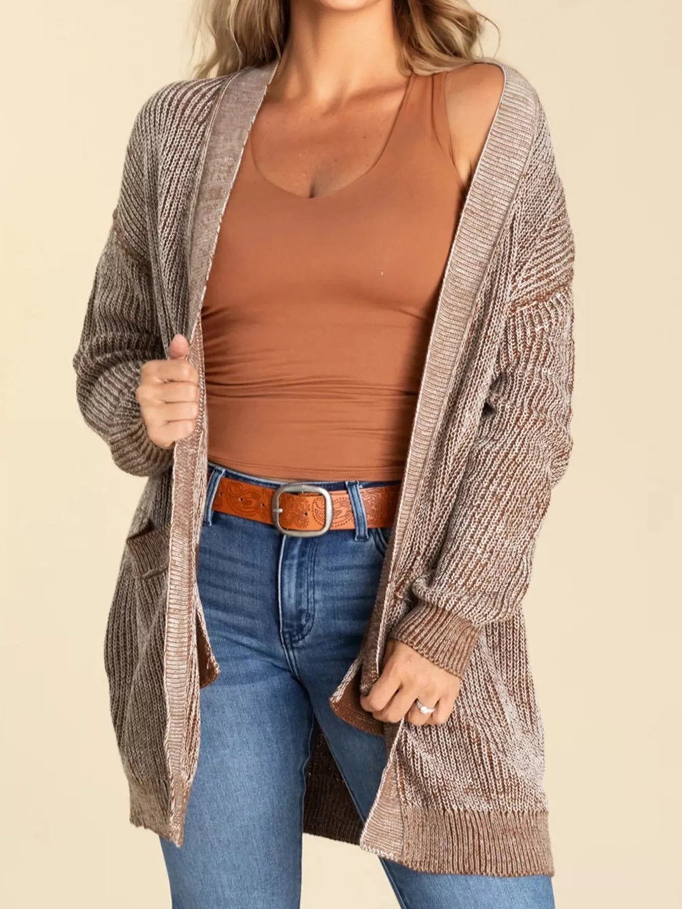 Open Front Dropped Shoulder Cardigan with Pockets 