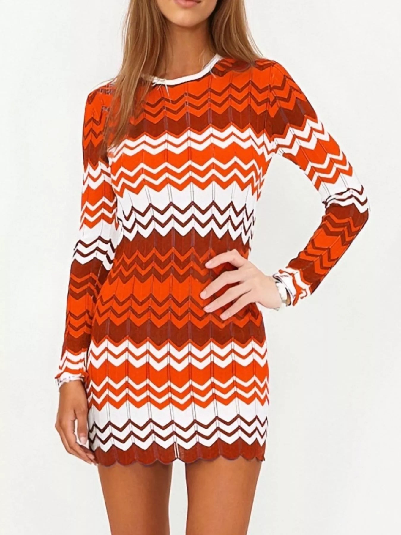 Openwork Wave Pattern Long Sleeve Sweater Dress 