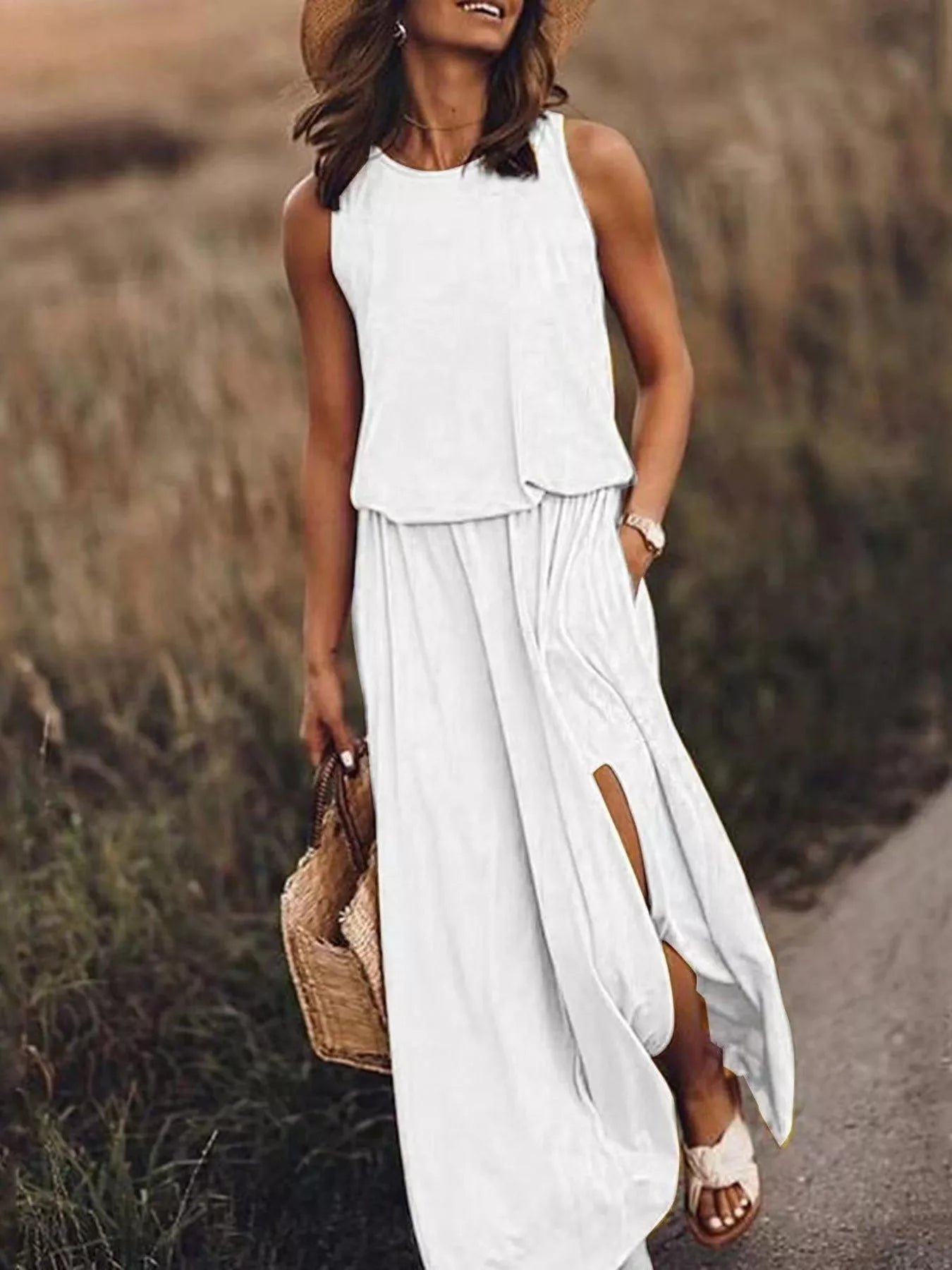 Full Size Round Neck Sleeveless Slit Maxi Dress Plus Size 