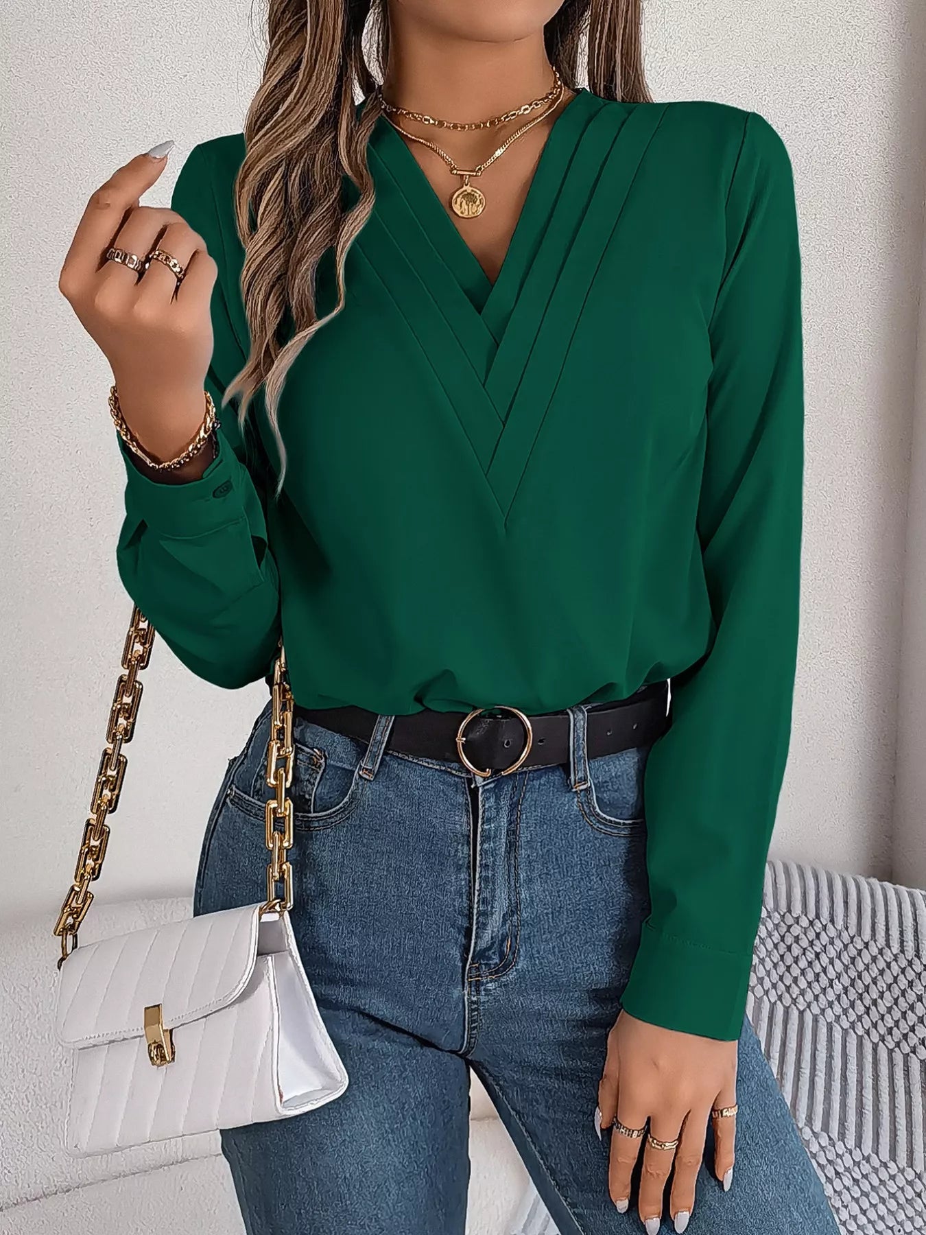 Layered V-Neck Long Sleeve Blouse 