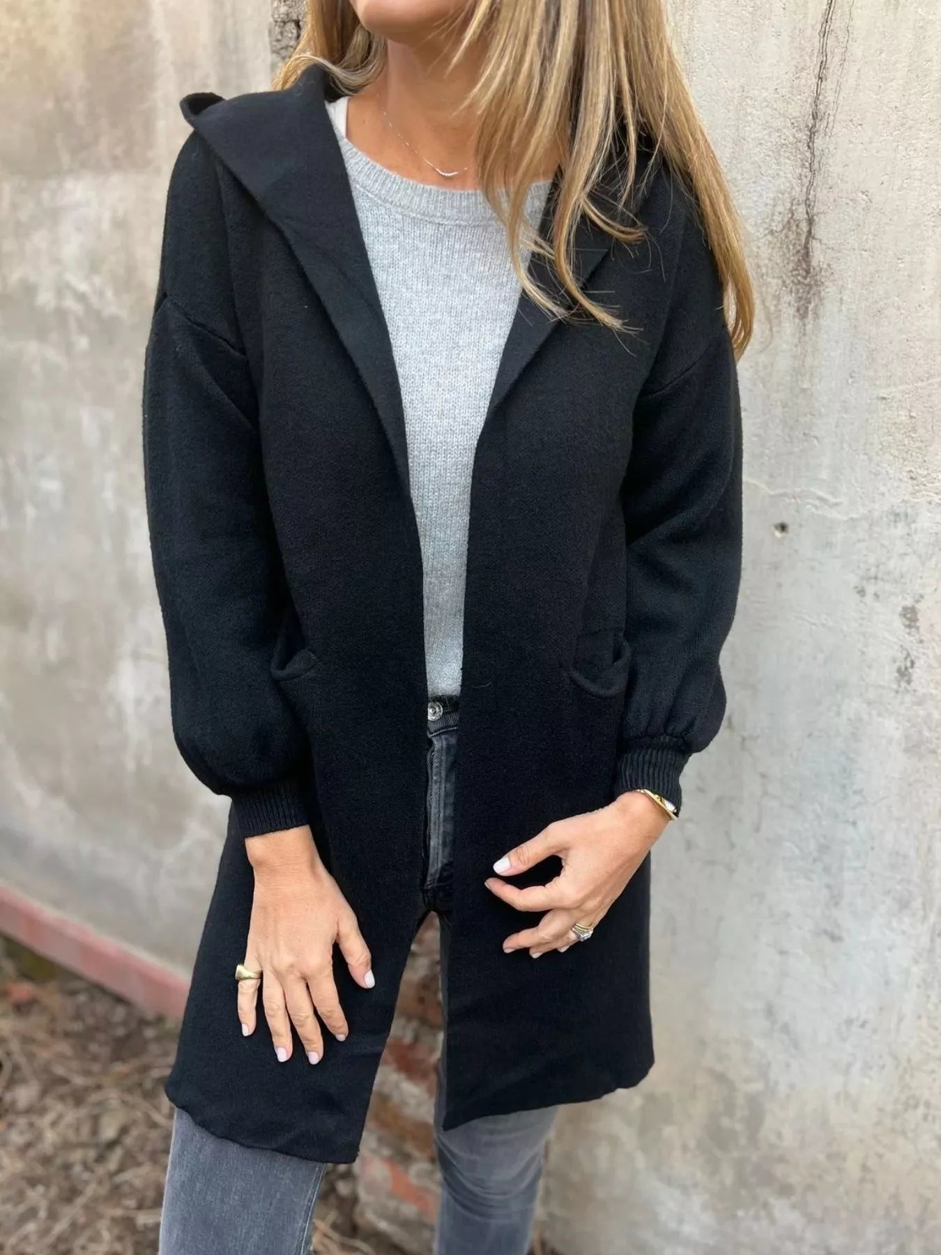 Full Size Open Front Drop Shoulder Hooded Cardigan Plus Size 