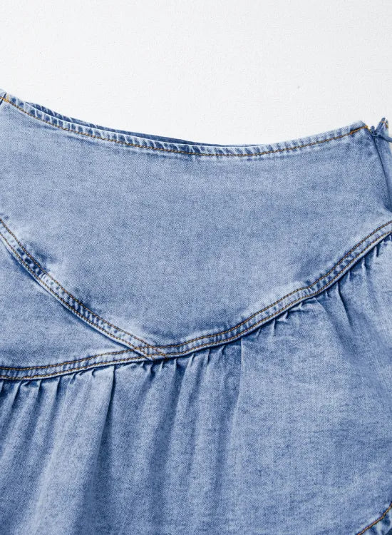 Asymmetric Ruffle Overlay Denim Mini Skirt 