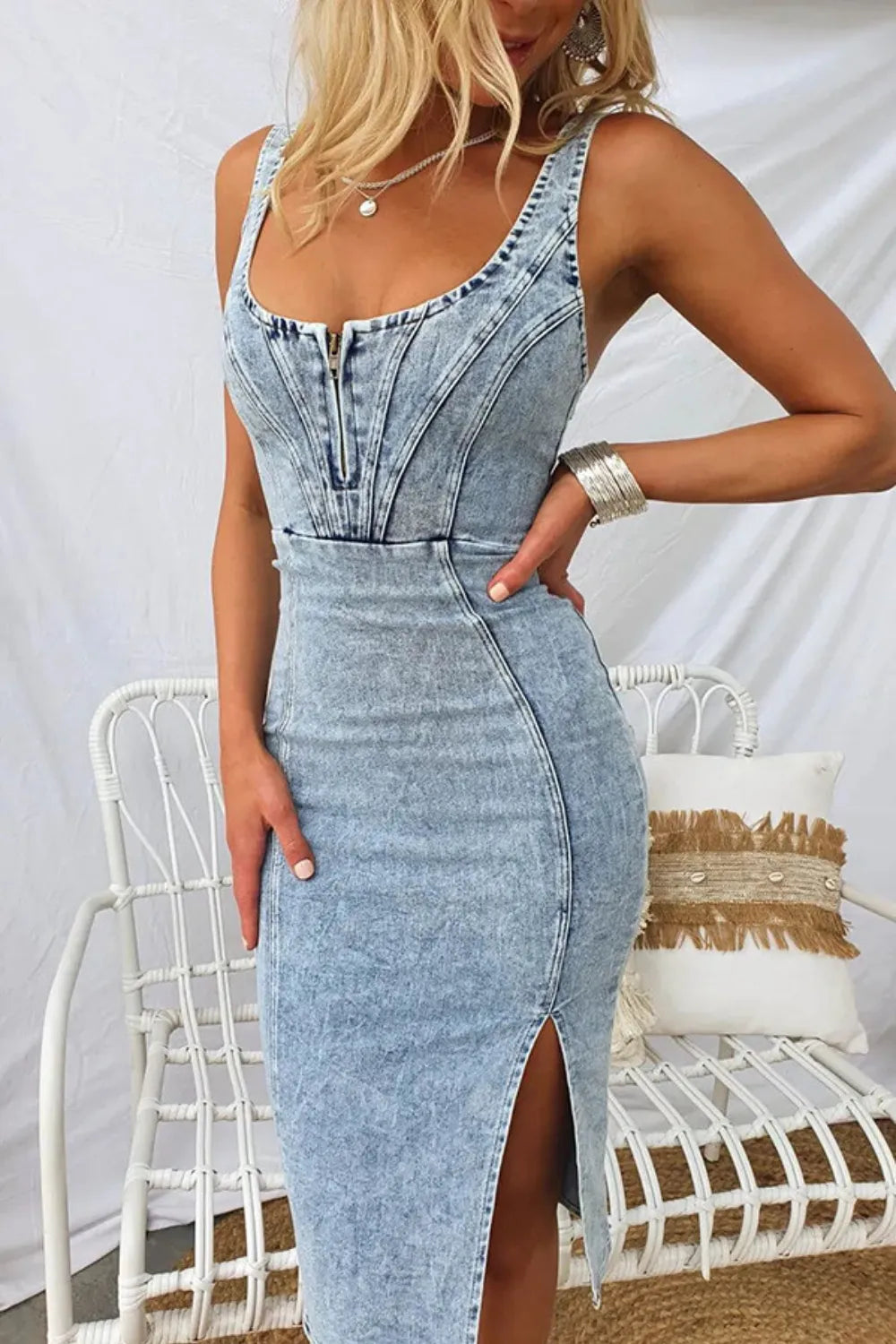 Side Slit Washed Scoop Neck Denim Dress 