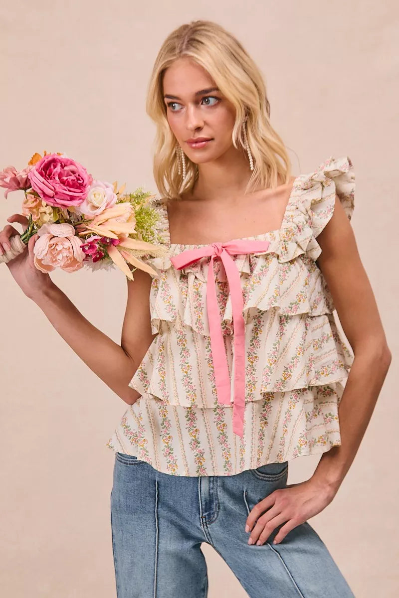 BiBi Floral Printed Woven Front Bow Tied Ruffled Square Neck Sleeveless Top 