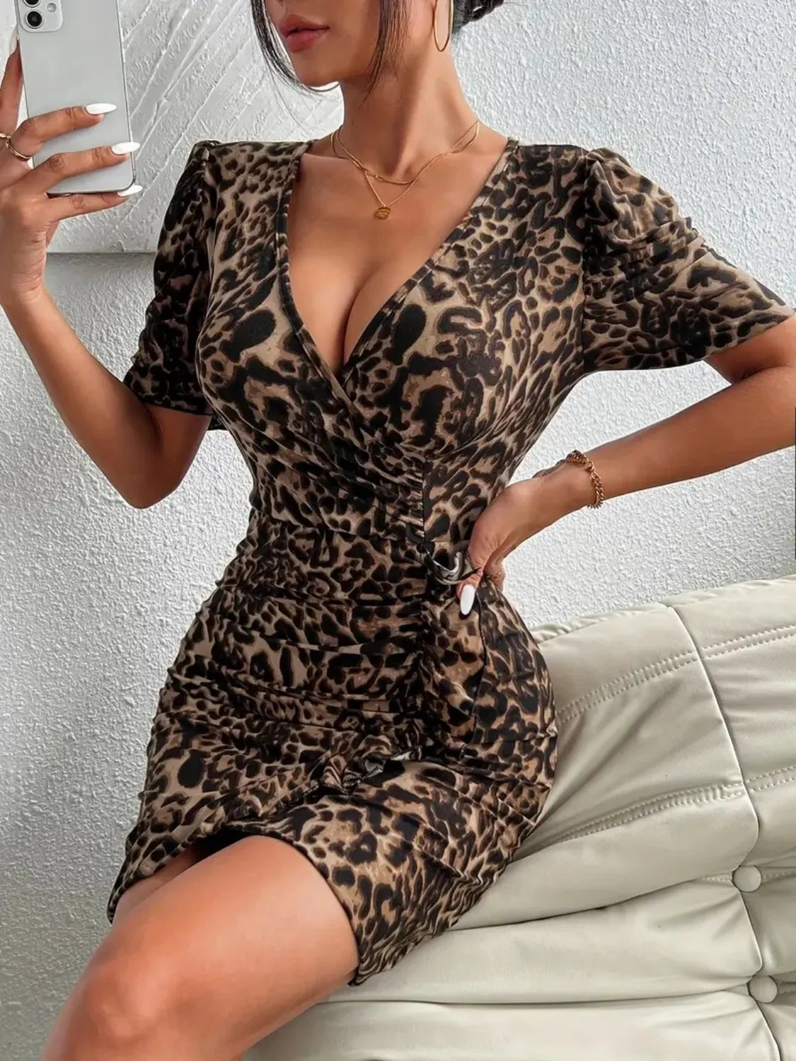 Ruffled Leopard Short Sleeve Mini Dress 