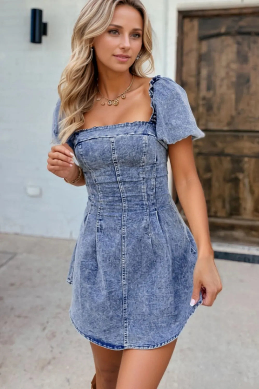 Tie Back Square Neck Puff Sleeve Denim Dress 