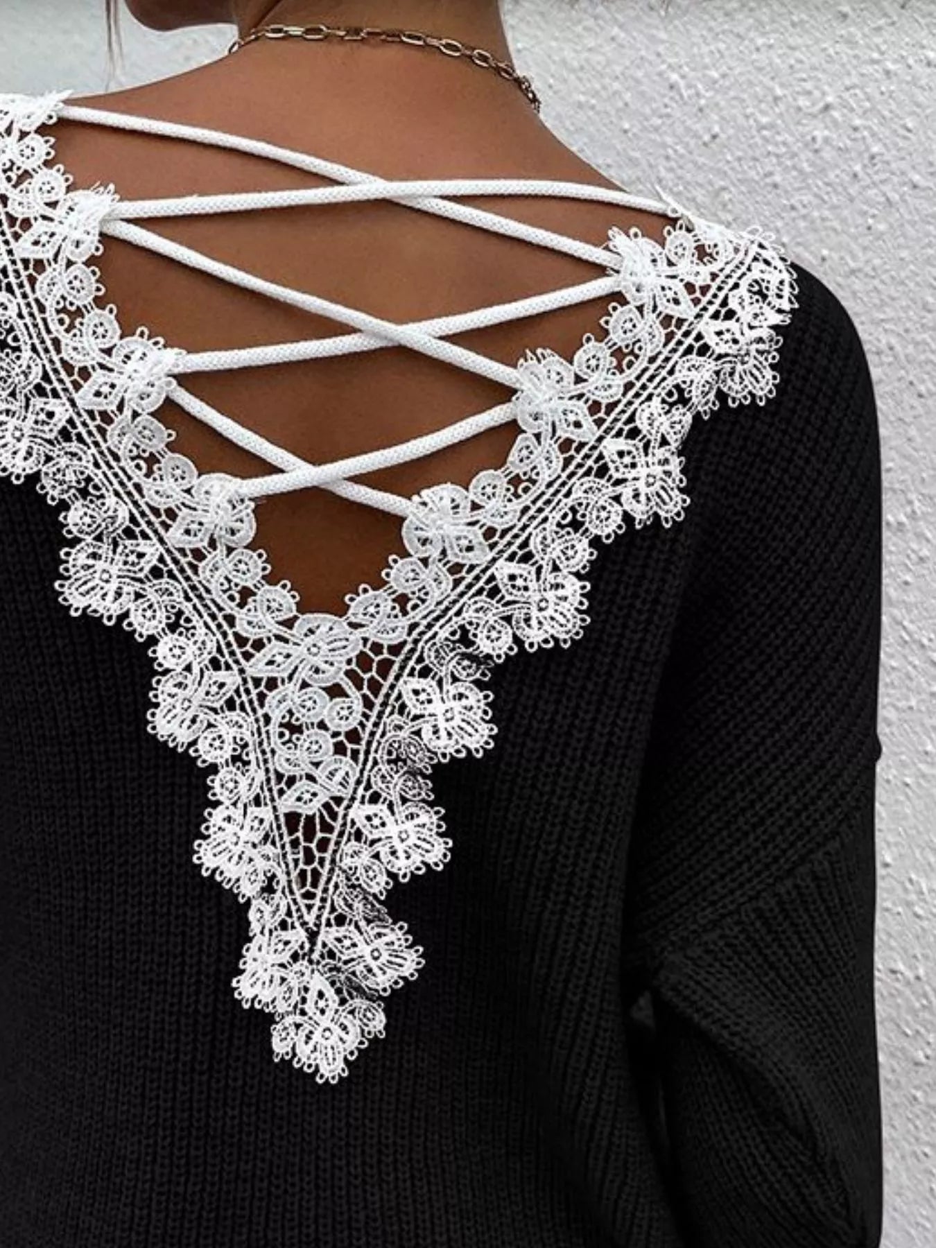 Lace-Trimmed Back V-Neck Sweater 