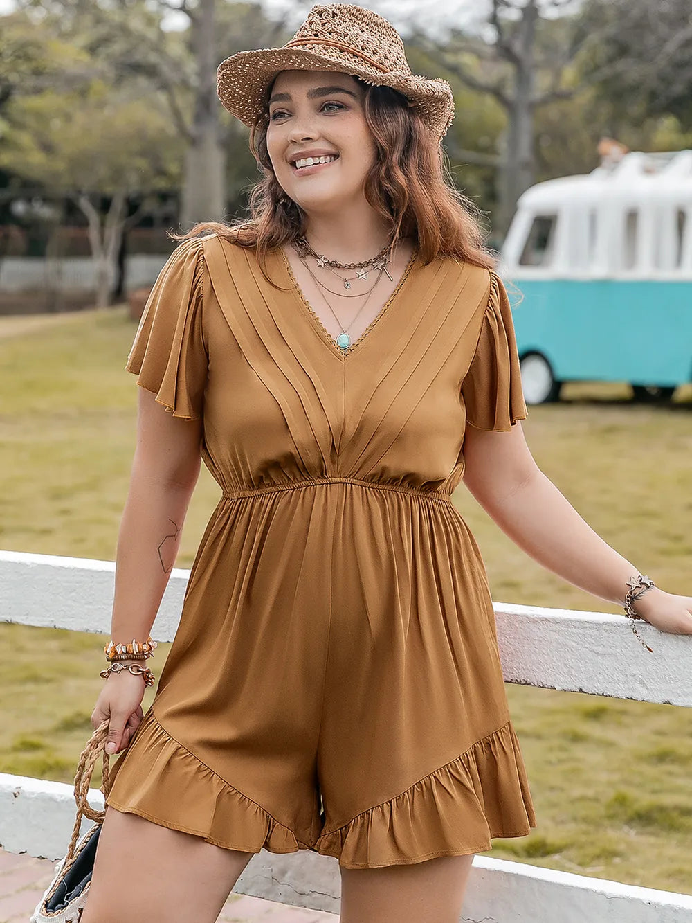 Plus Size Ruffled V-Neck Short Sleeve Romper 