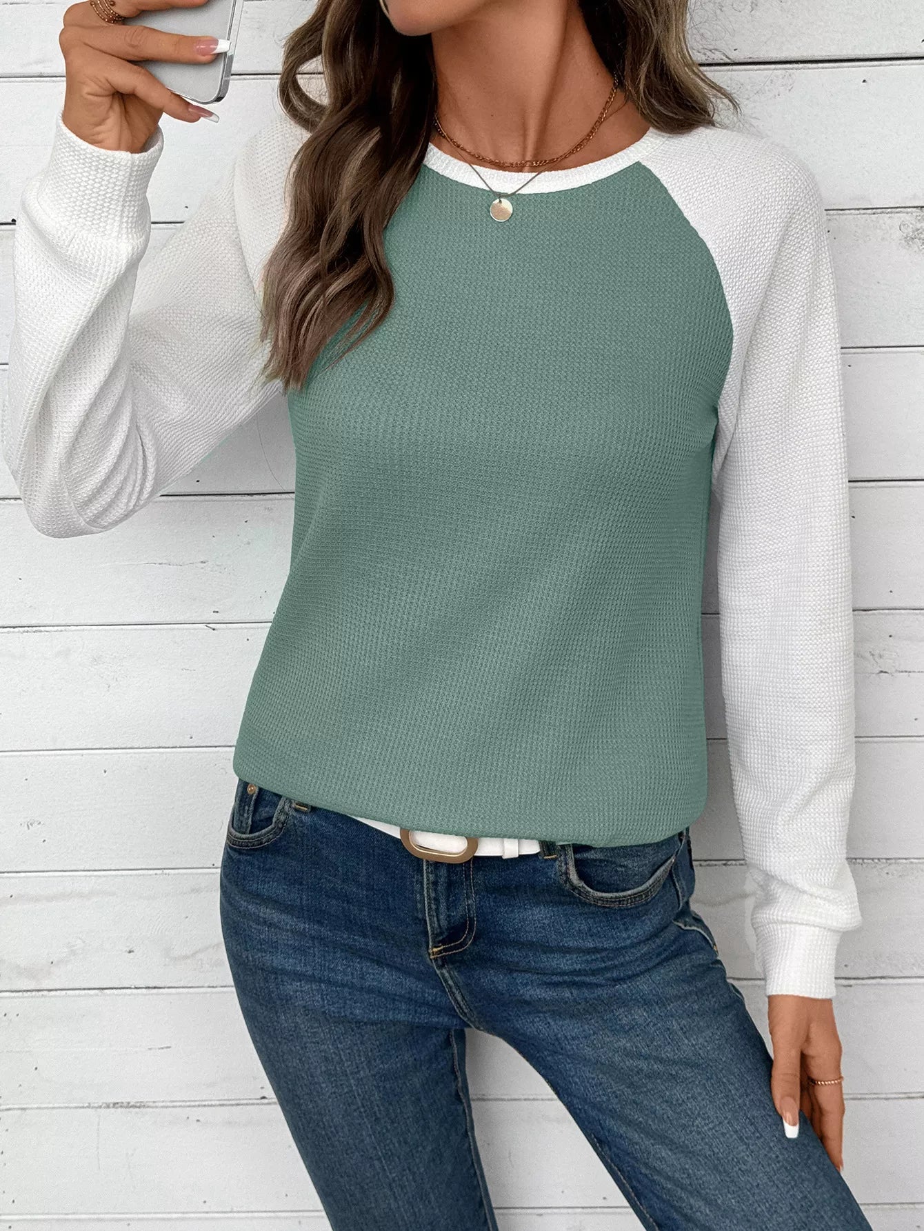 Contrast Raglan Sleeve Waffle Knit T-Shirt 