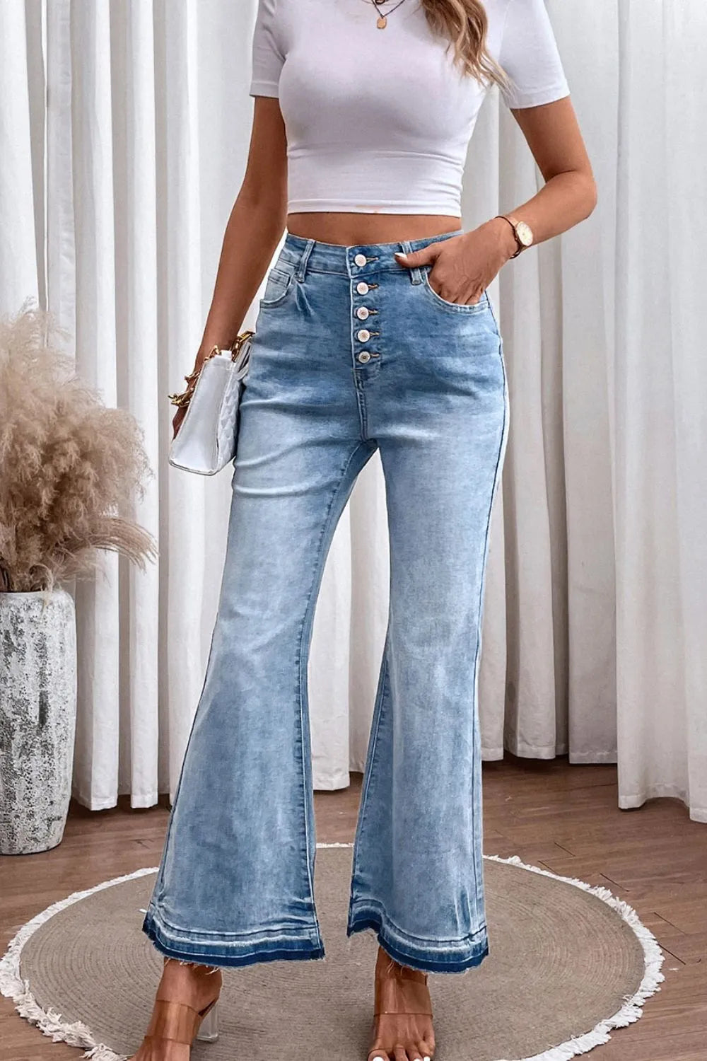 High Waist Button Fly Flared Jeans 