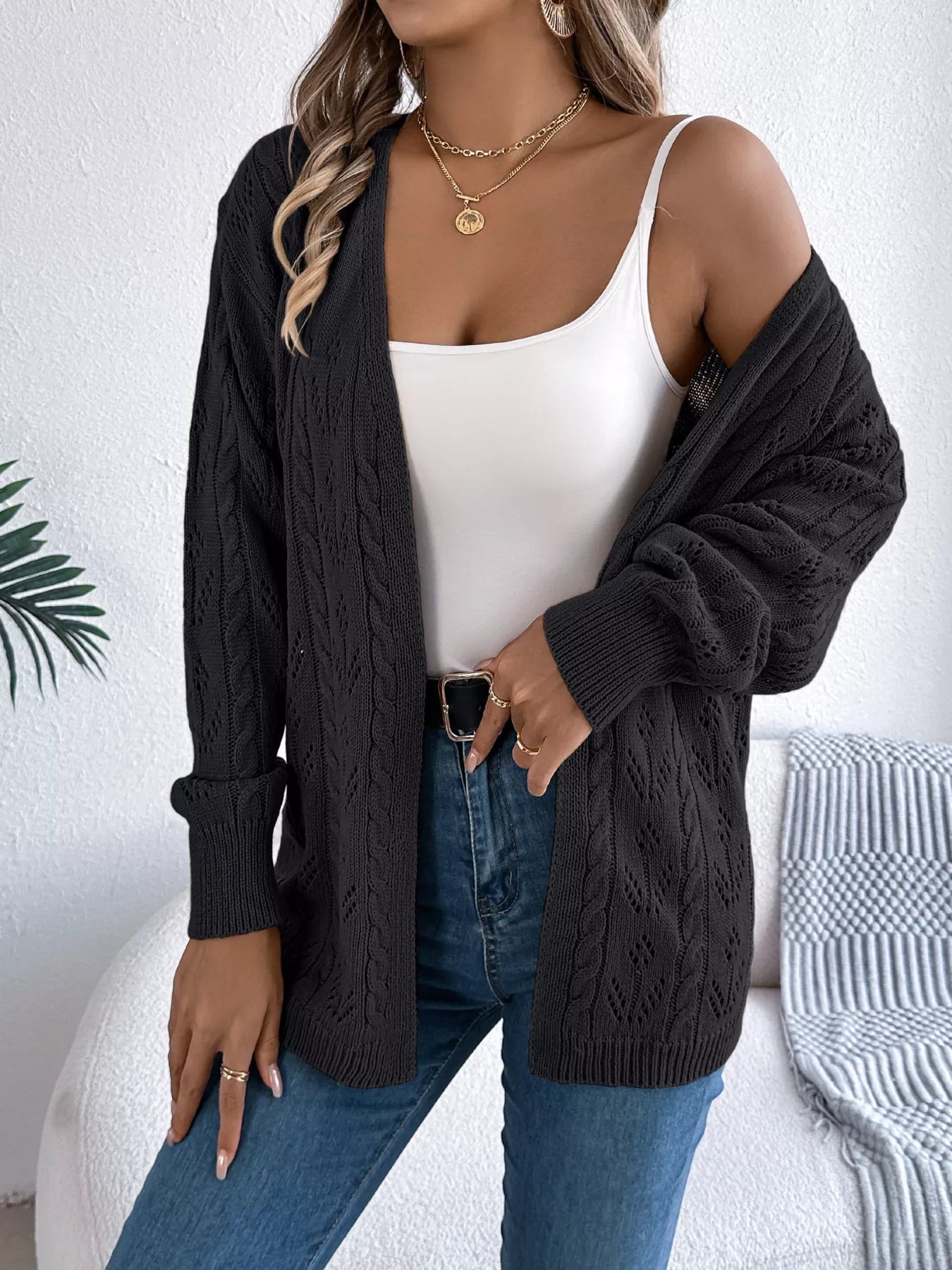 Openwork Open Front Long Sleeve Cardigan 