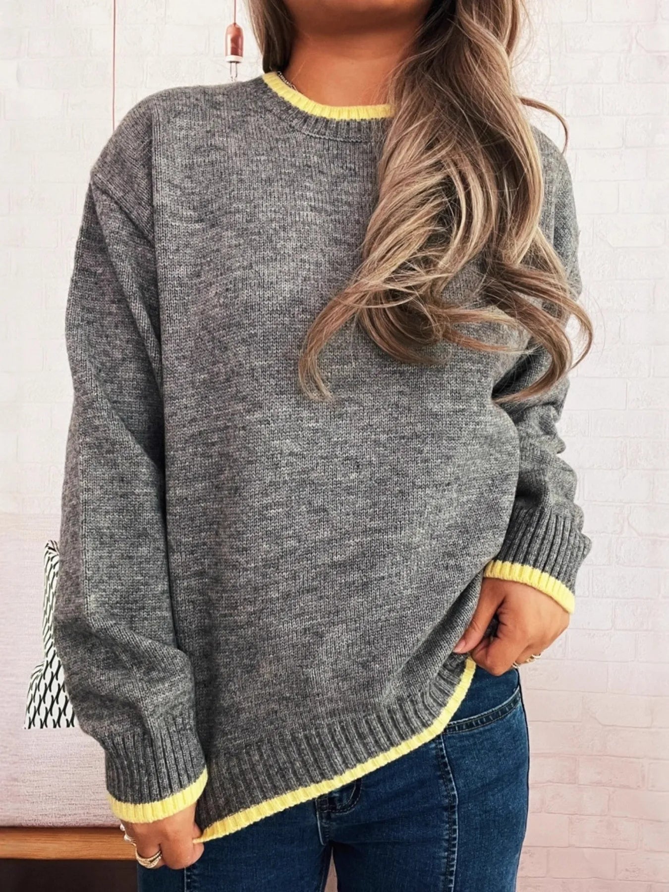 Ribbed Contrast Trim Long Sleeve Sweater 