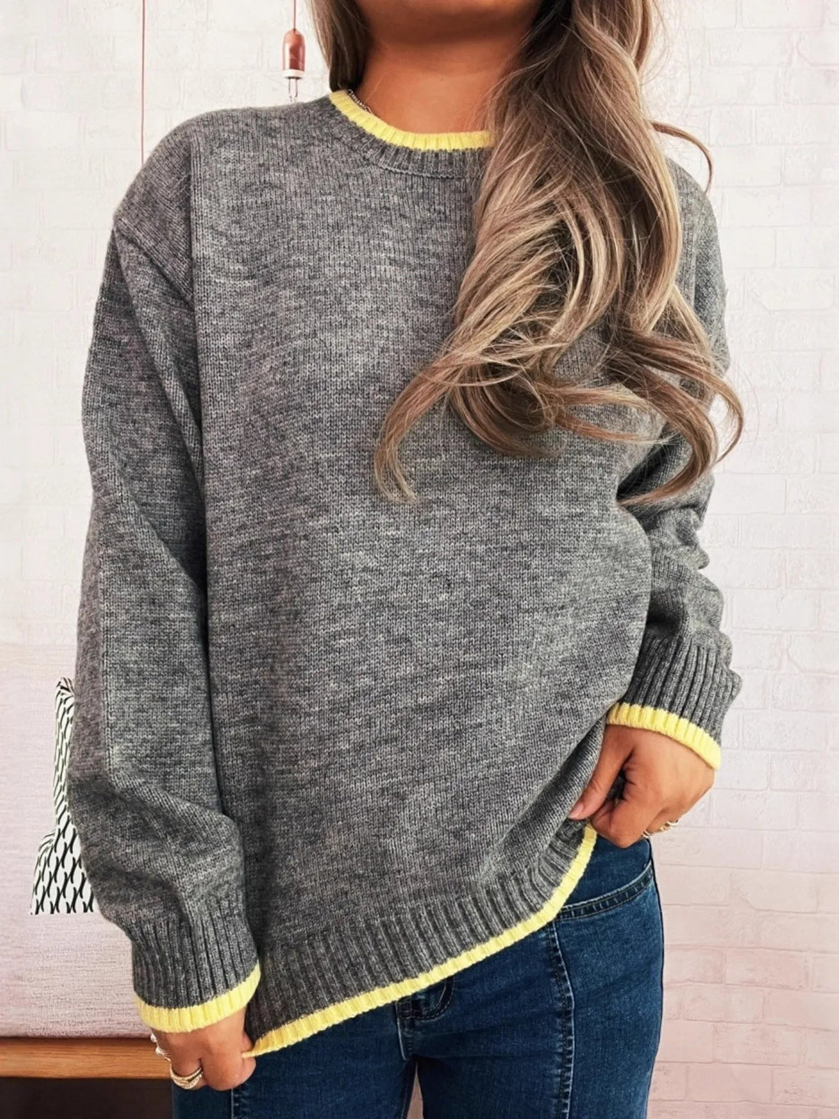 Ribbed Contrast Trim Long Sleeve Sweater 