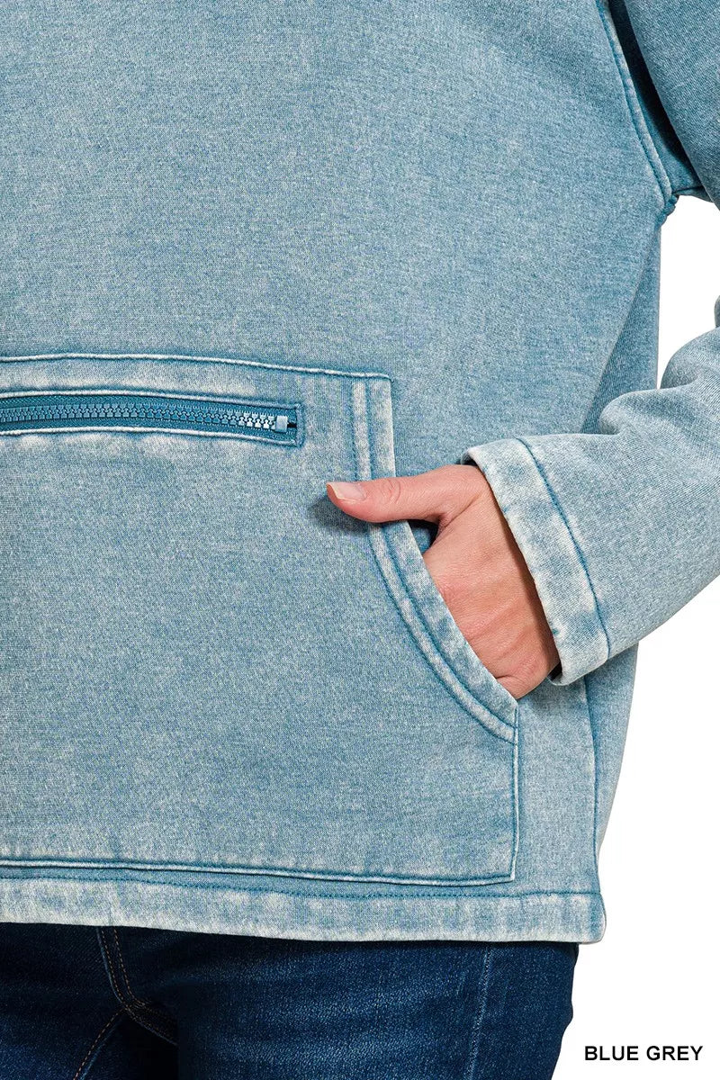 Zenana Fleece Washed High Neck Kangaroo Pocket Sweatshirt 