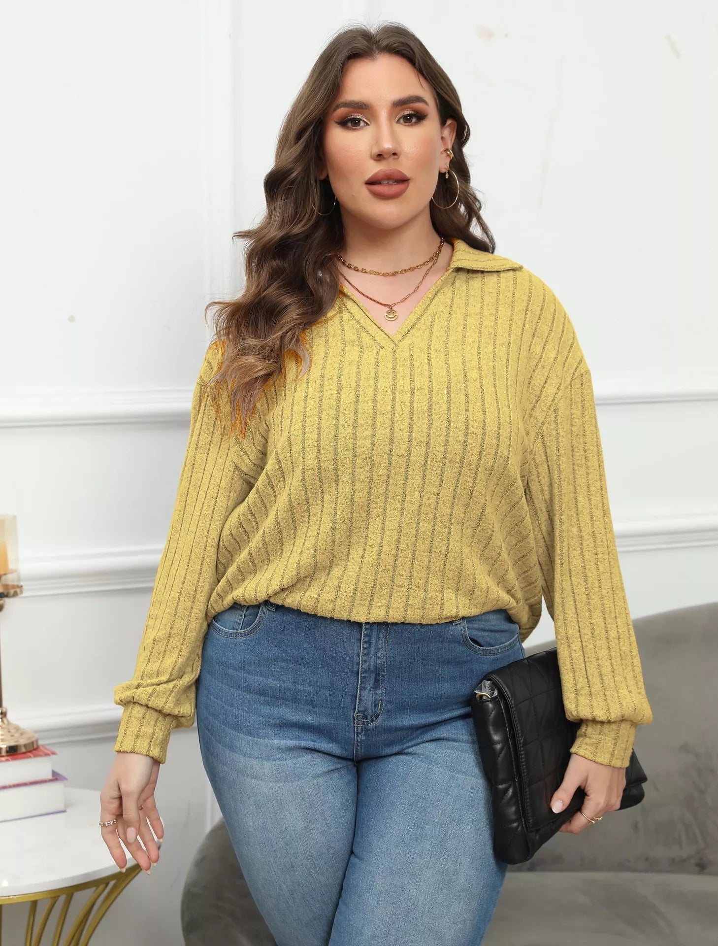 Plus Size Ribbed Knit Polo Collar T-Shirt 