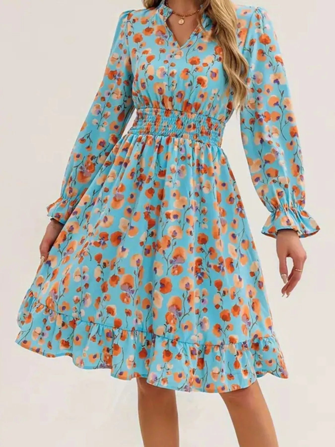 Floral Print Flounce Sleeve Ruffle Hem Dress 