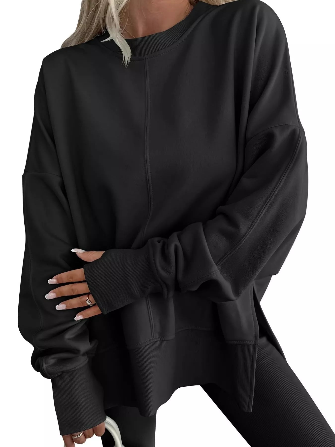 Side Slit Round Neck Long Sleeve Sweatshirt 
