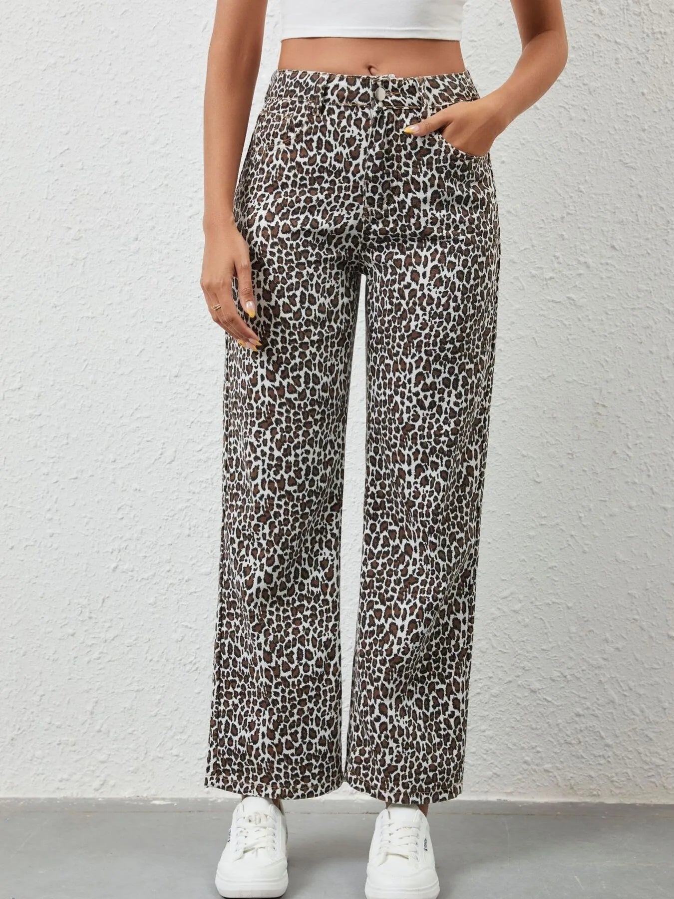 Leopard Print Wide Leg Jeans 
