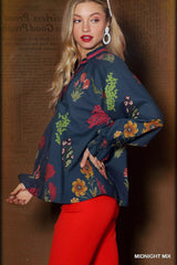 Umgee Floral Print Flounce Sleeve Blouse 