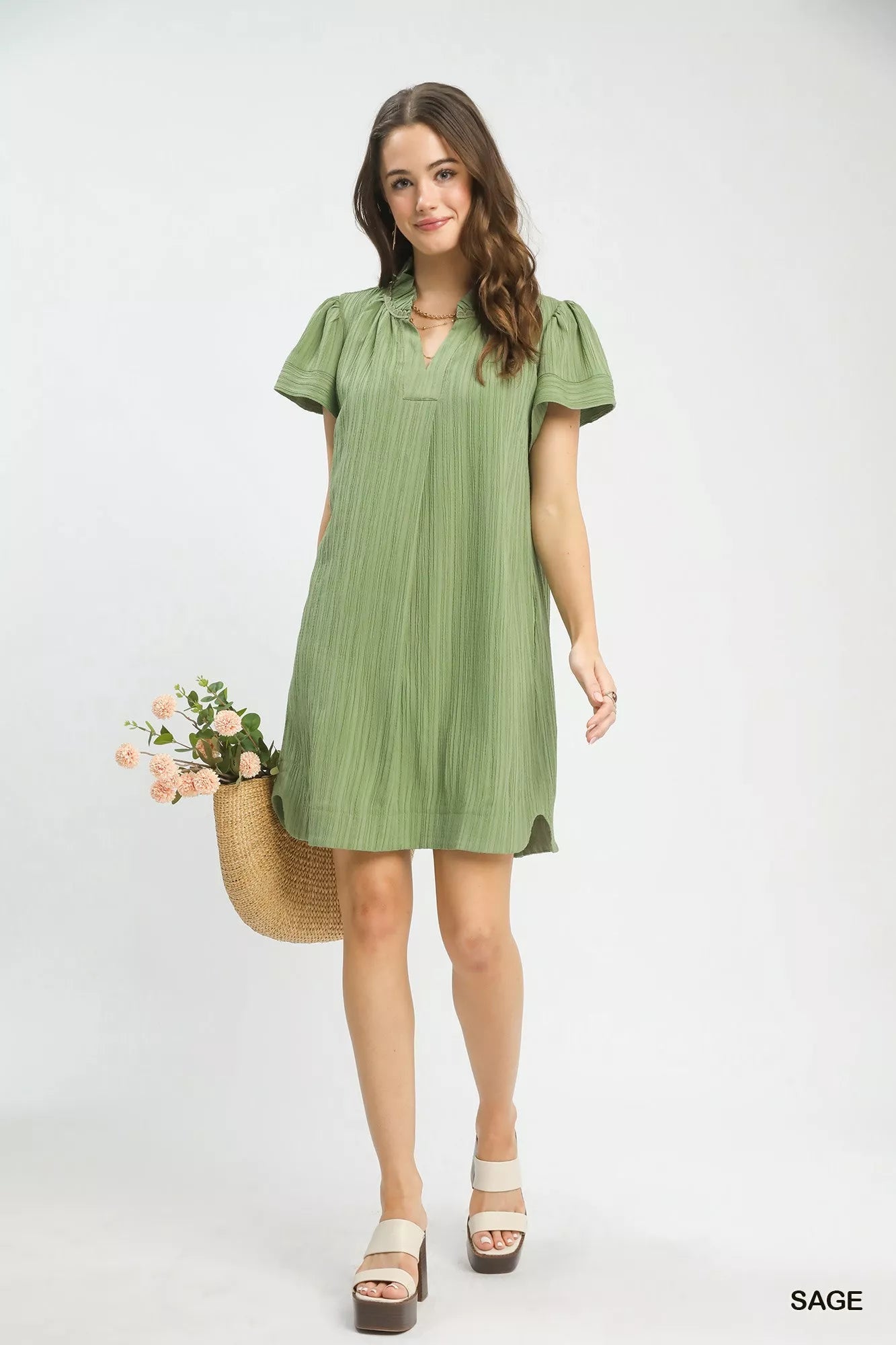Umgee Flutter Sleeve V-Neck Shift Dress 