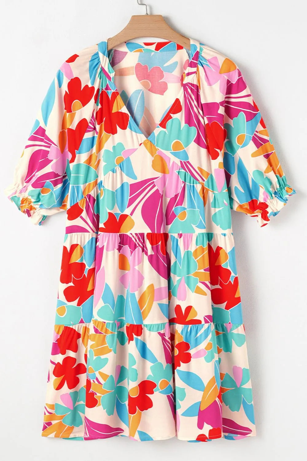 Floral Bubble Sleeve V Neck Tiered Ruffle Babydoll Dress 