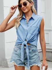Collared Neck Sleeveless Denim Top 
