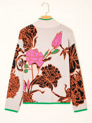 Floral Pattern Knit Quarter Zip Stand Neck Sweater 