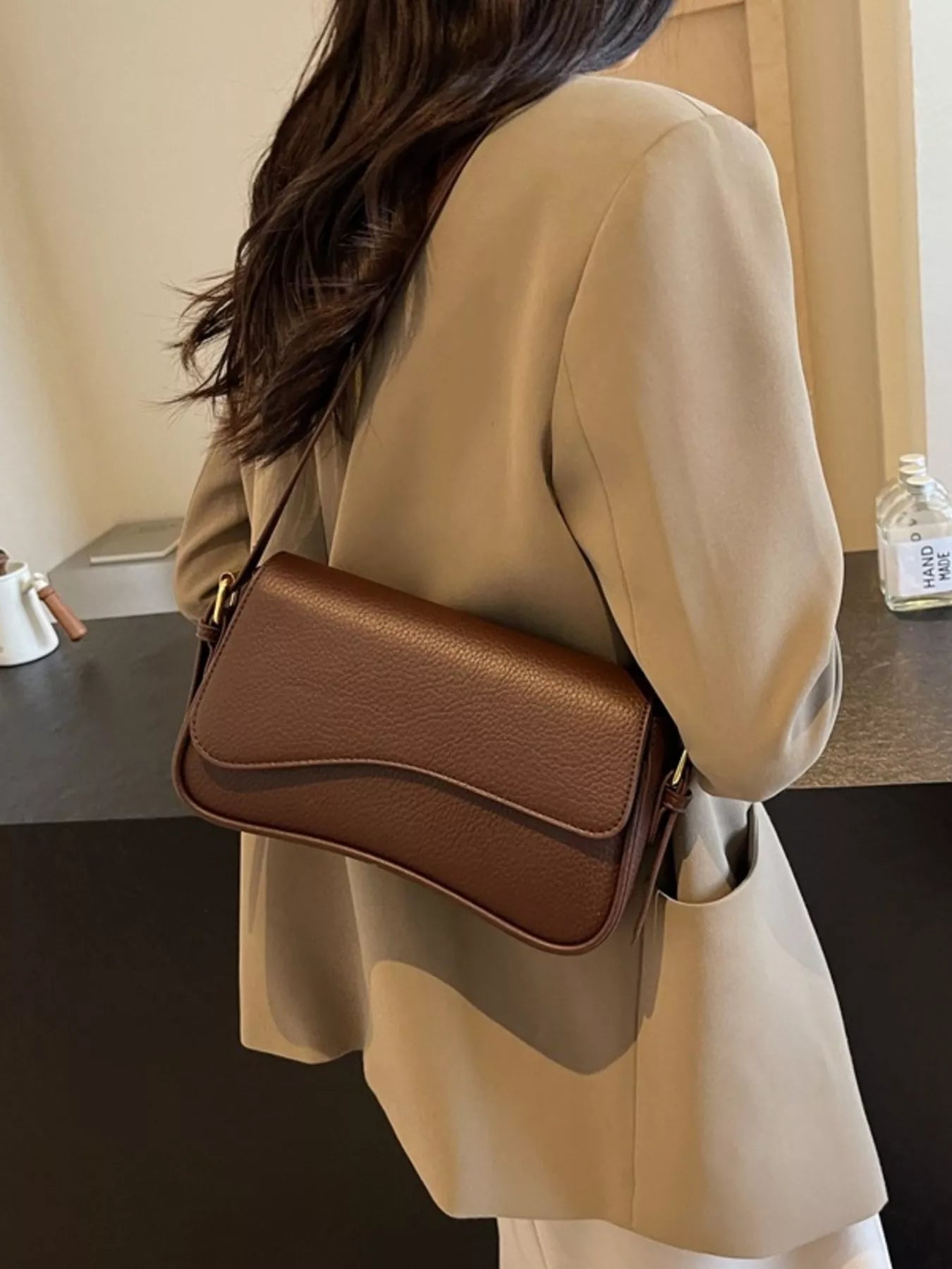 Solid Color Leather Crossbody Bag 