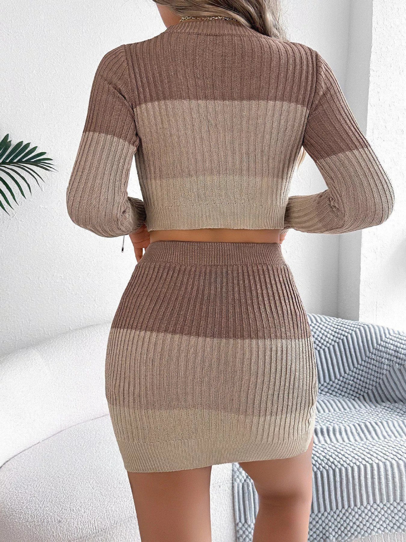 Color Block Ribbed Knit Top and Skirt Sweater Set 
