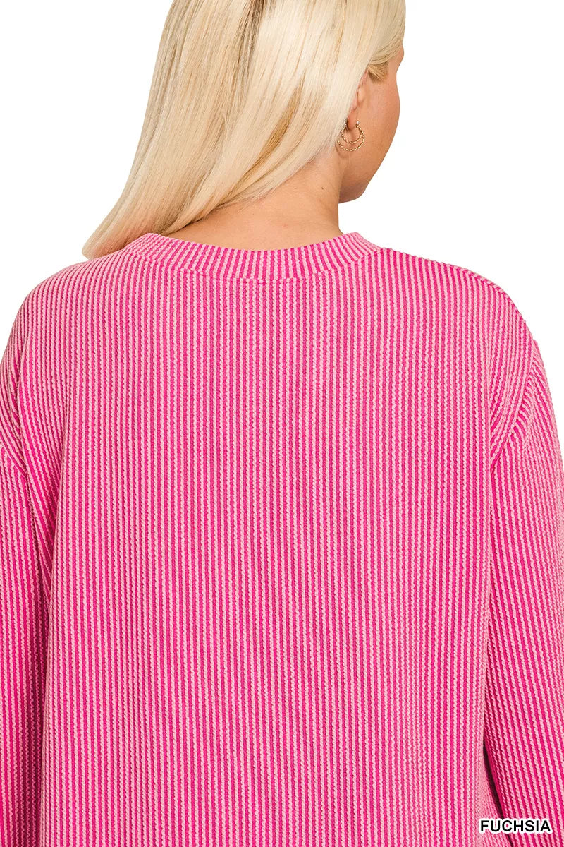 Zenana Full Size Raised Rib Round Neck Long Sleeve Top Plus Size 