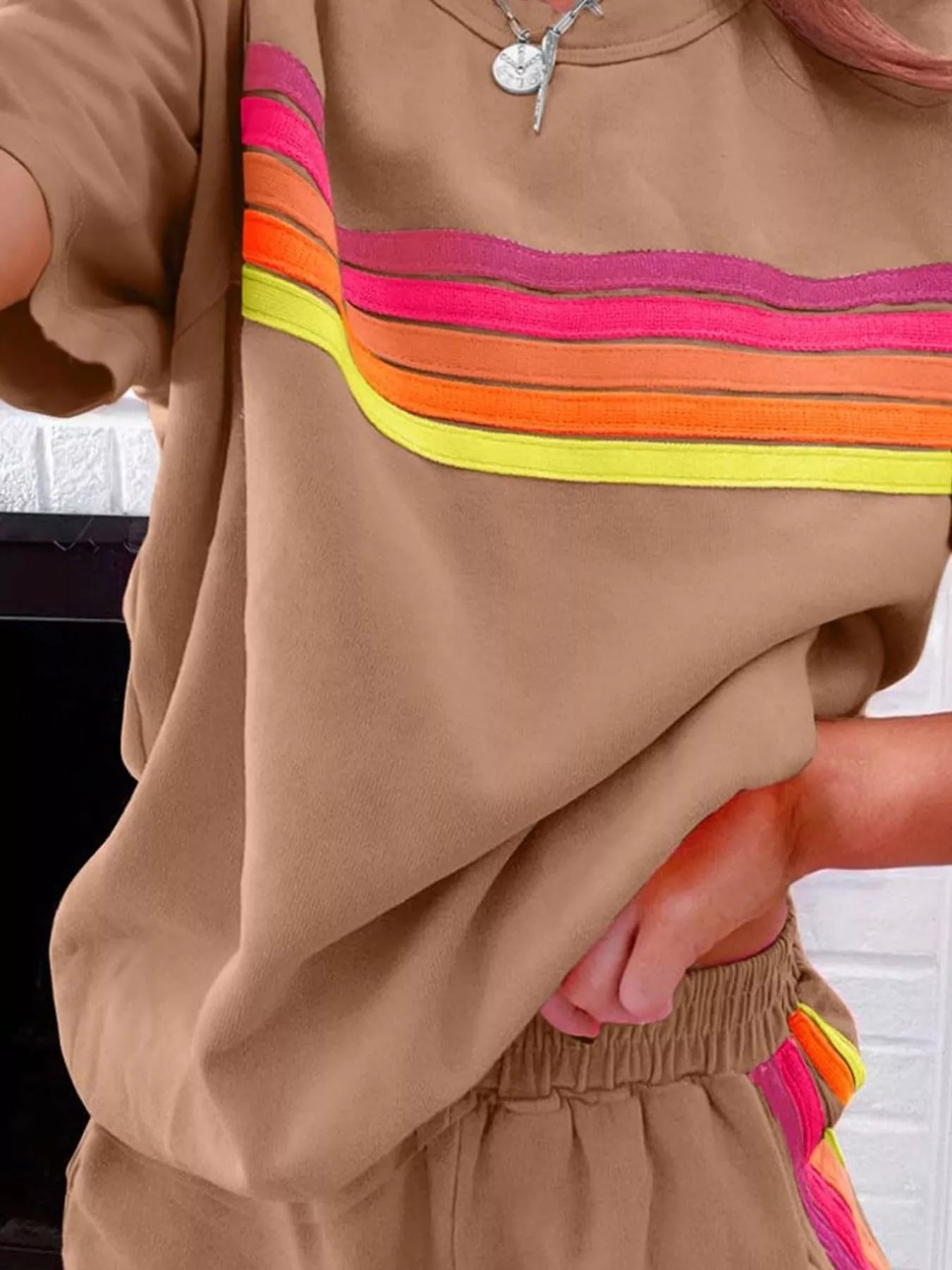 Rainbow Striped Round Neck Top and Shorts Set 