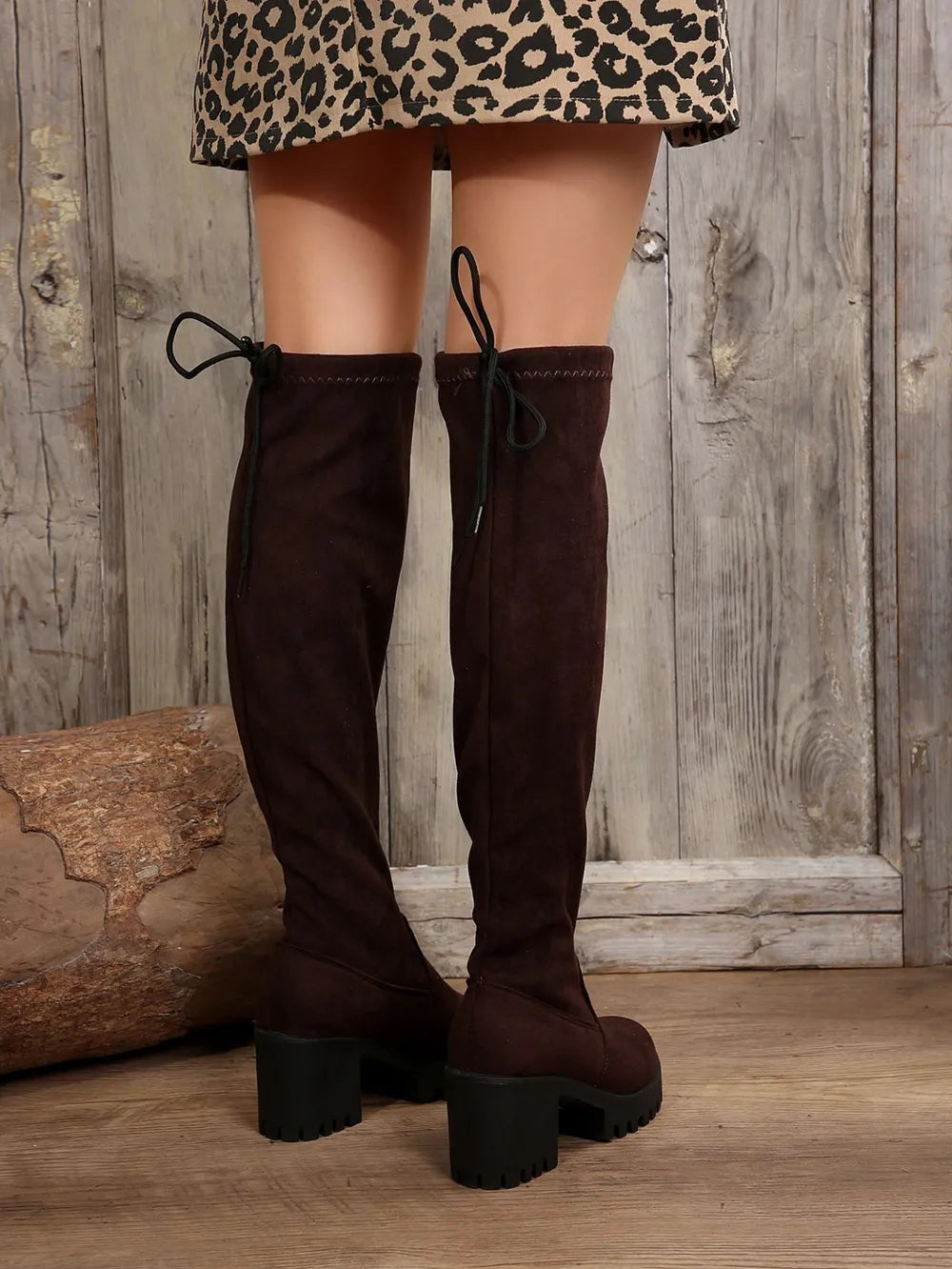 Leopard Round Toe Block Heel Boots 