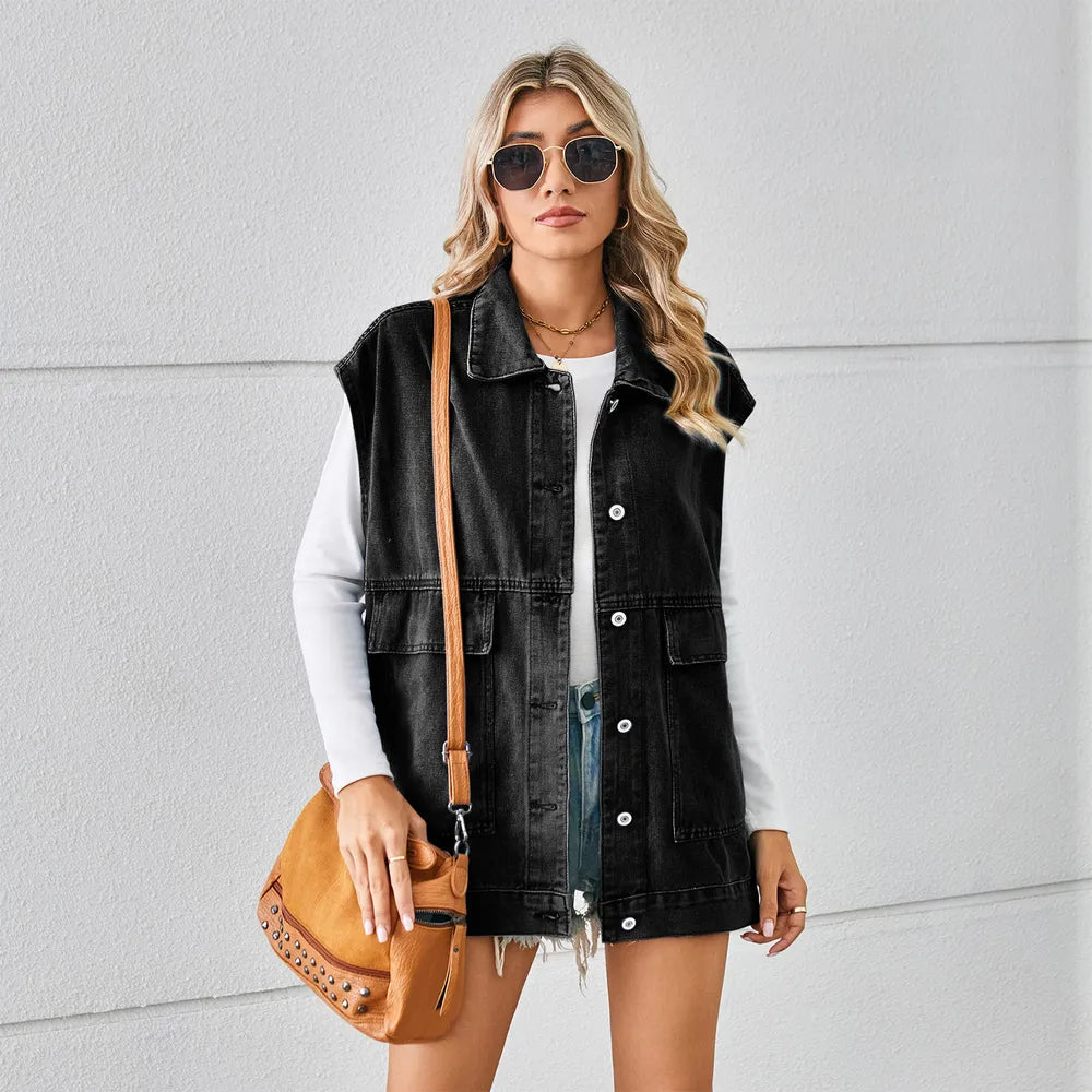 Pocketed Button Up Sleeveless Denim Jacket 