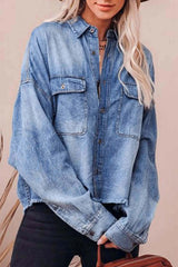 Collared Neck Raw Hem Long Sleeve Denim Shirt 