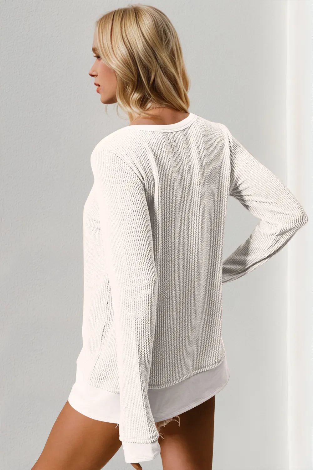 Double Take Corded Rib Thumbhole Cuff Round Neck T-Shirt 
