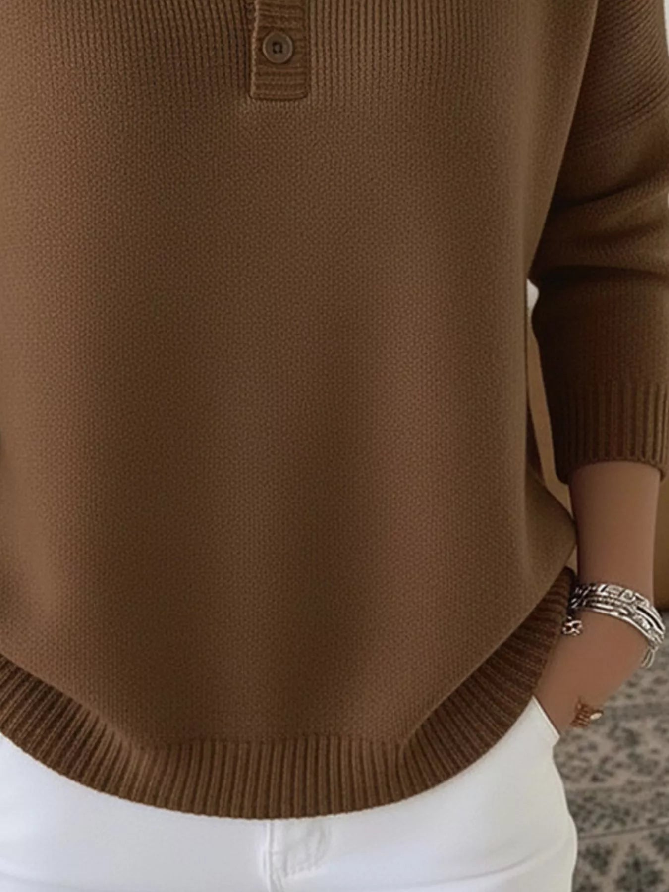 Full Size Half Button Long Sleeve Knit Top Plus Size 
