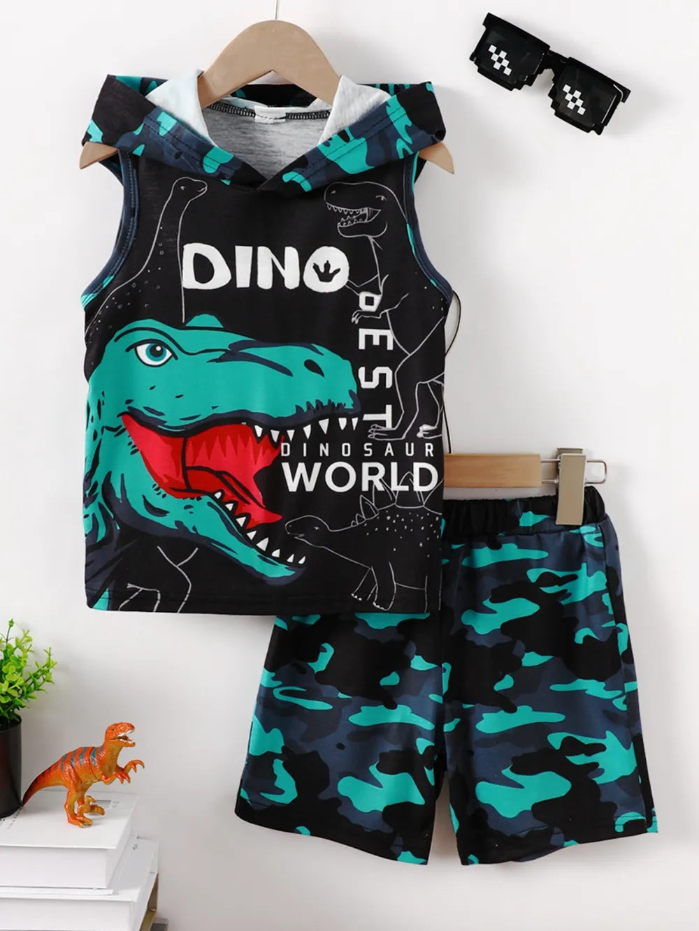 Children's Dinosaur Sleeveless Hooded Top and Pants Set 