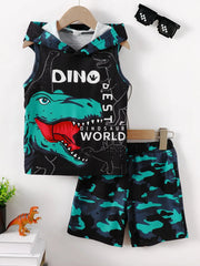 Children's Dinosaur Sleeveless Hooded Top and Pants Set 