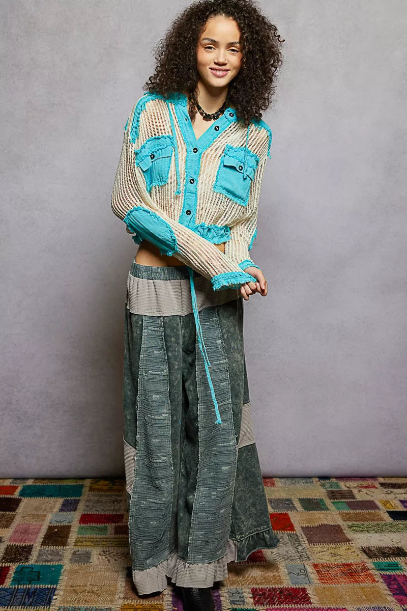 POL Texture Woven Button Down Hooded Shirt with Drawstring Hem 