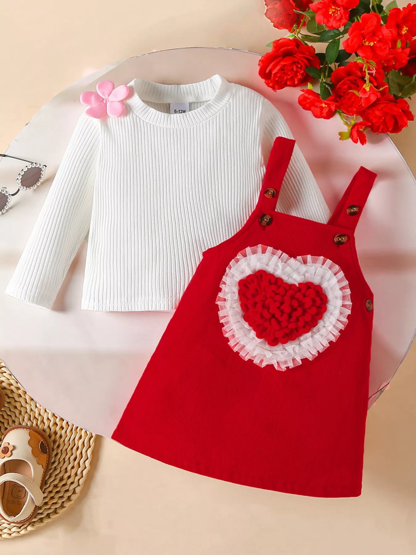 Children's Heart Decor Corduroy Overall Dress & Ribbed Top Set 