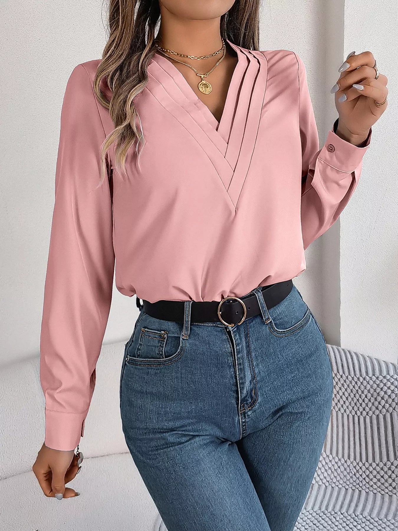 Layered V-Neck Long Sleeve Blouse 