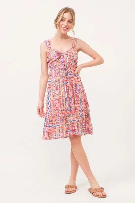 And The Why Tied Front Smocked Back Tiered Boho Printed Dress 