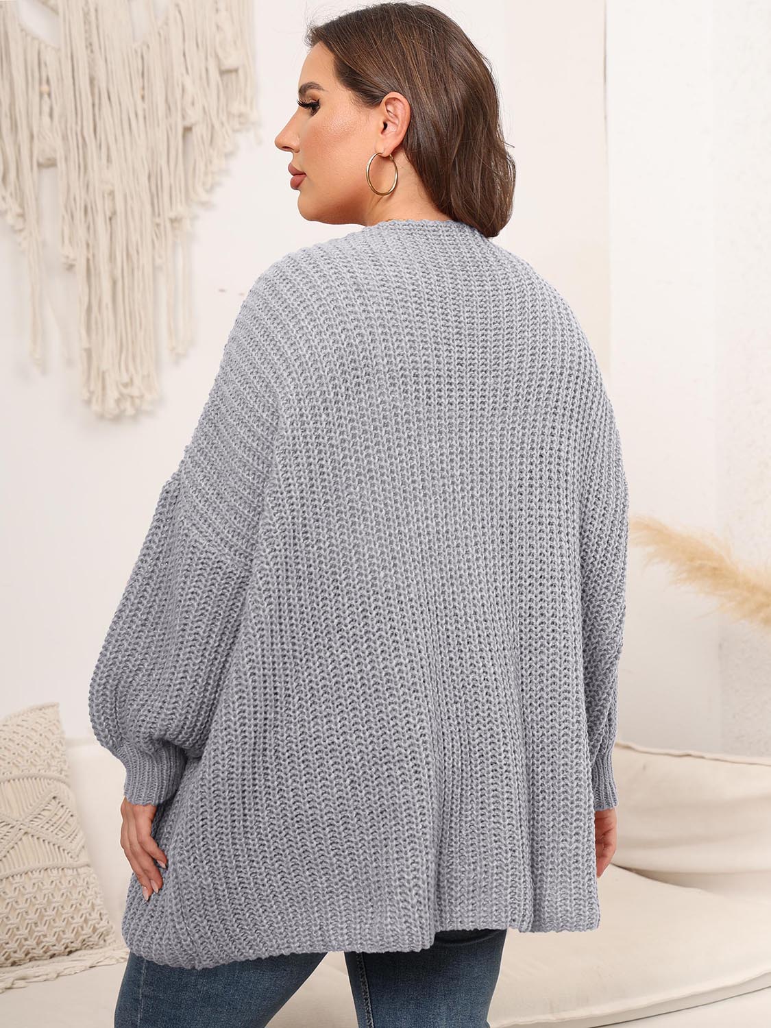 Plus Size Open Front Dropped Shoulder Knit Cardigan 