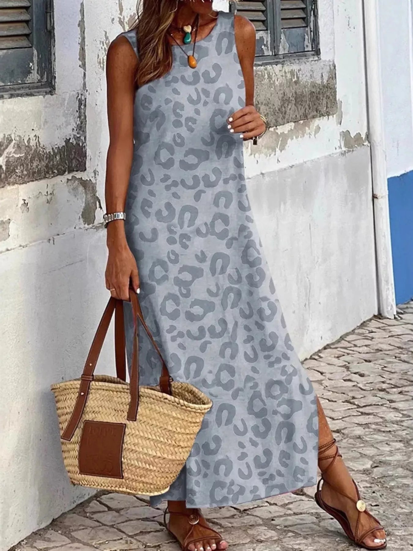 Slit Leopard Sleeveless Maxi Dress 