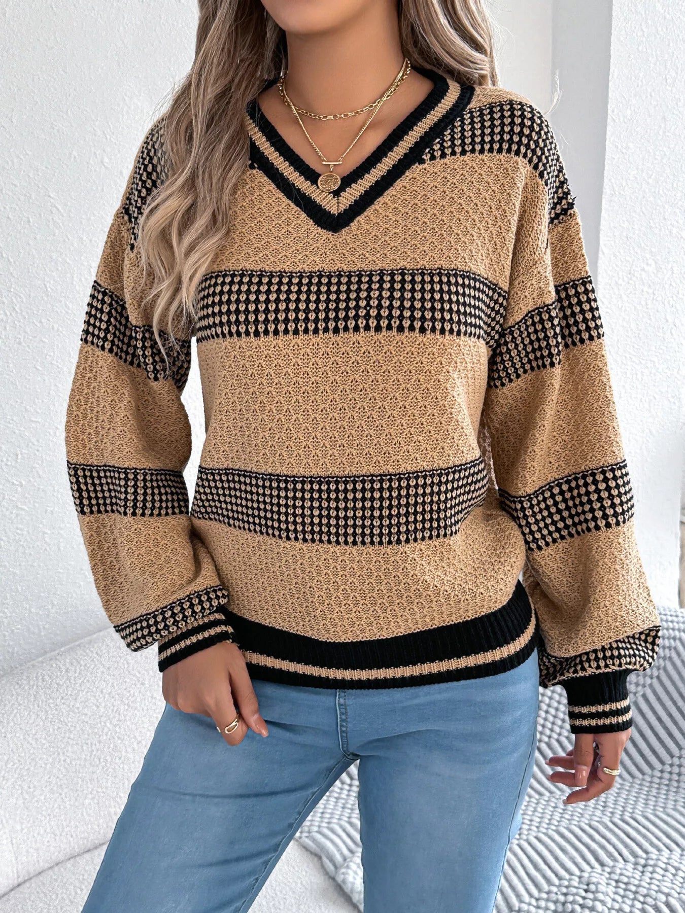 Contrast Striped V-Neck Sweater 