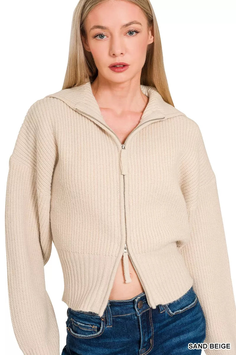 Zenana Ribbed Collared Zip Up Sweater Cardigan 