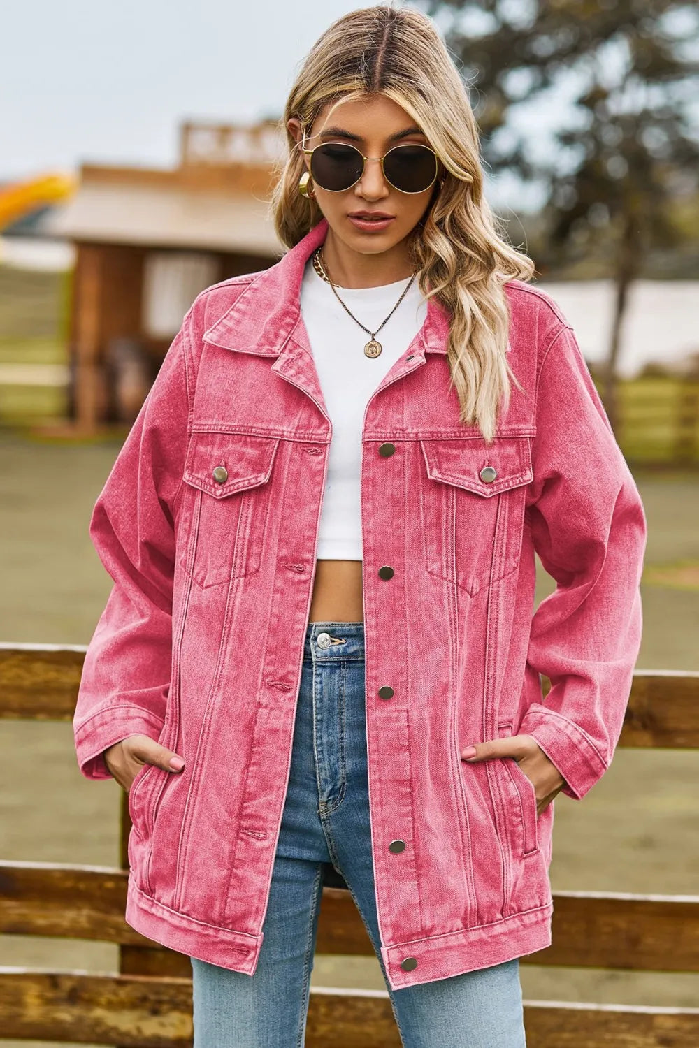Buttoned Collared Neck Denim Jacket with Pockets 